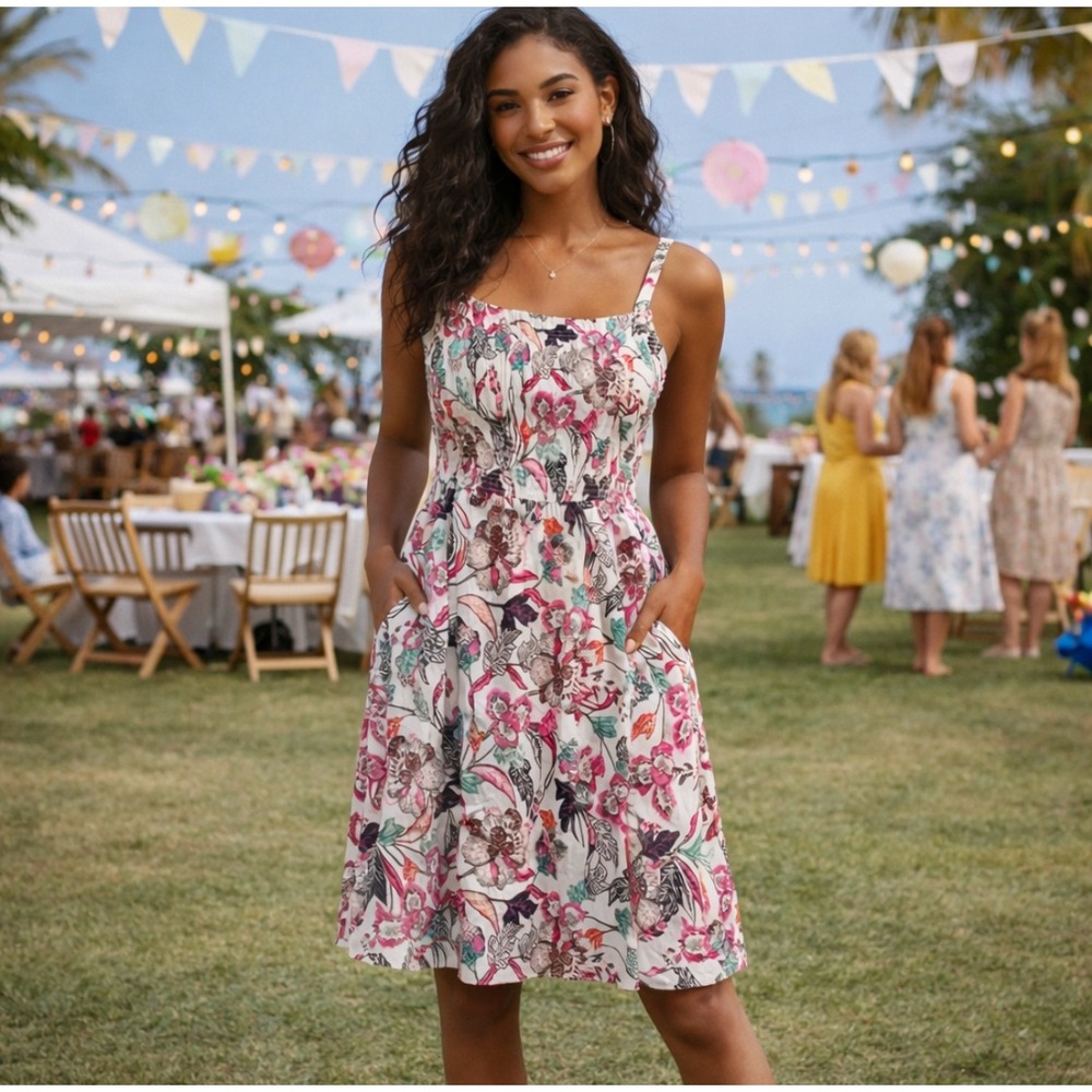 Old Navy Women Floral Cami Dress Size M Midi Smocked Pockets Milkmaid Casual
